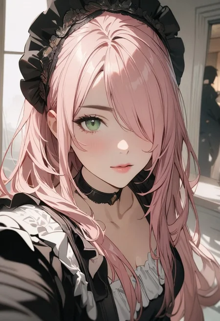 1woman, solo,  long hair, pink hair, black choker, green eyes, one eye covered by hair,  eyeliner,  gorgeous lips, selfie, 
 y_d,
cinematic, (masterpiece), (best quality), (ultra-detailed), very aesthetic, illustration, perfect composition, intricate details, absurdres
black maid dress