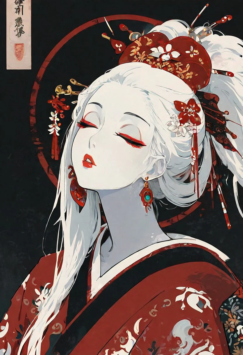masterpiece, best quality, amazing quality, 1girl, solo, long hair, hair ornament, upper body, closed eyes, white hair, ponytail, earrings, parted lips, japanese clothes, kimono, lips, makeup, colored skin, black background, lipstick, pale skin, eyeshadow, eyeliner, red lips, hair stick, circle, Cinematic Lighting, ukiyo-e