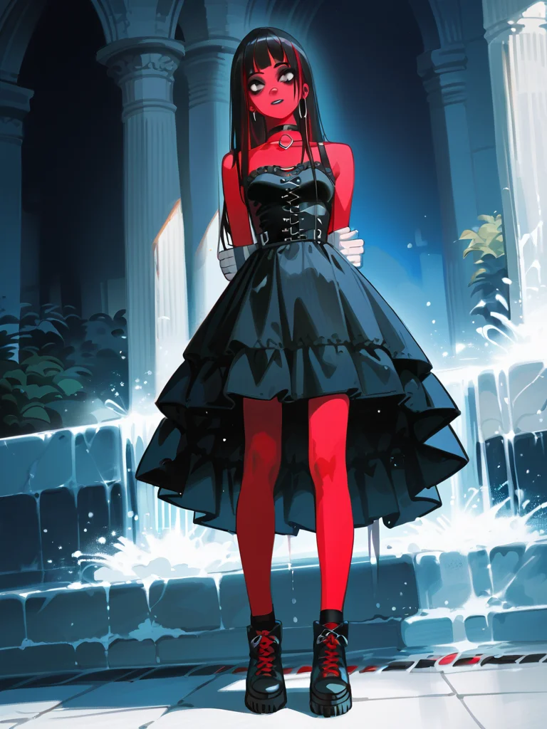 (score_9,score_8_up,score_7_up:1), 1girl, full body, center dutch angle, ambient lighting, yandere, crazy eyes, (goth, black lipstick, black mascara, black eyeshadow), small breasts, (toned), black hair red highlights,choker, eyeshadow, (bloodless white scarred skin), (restrained), ruined public fountain, (<lora:goth_clothes:1>, lollita dress, black dress, lollita fashion accessories, red details), <lora:john:1> john