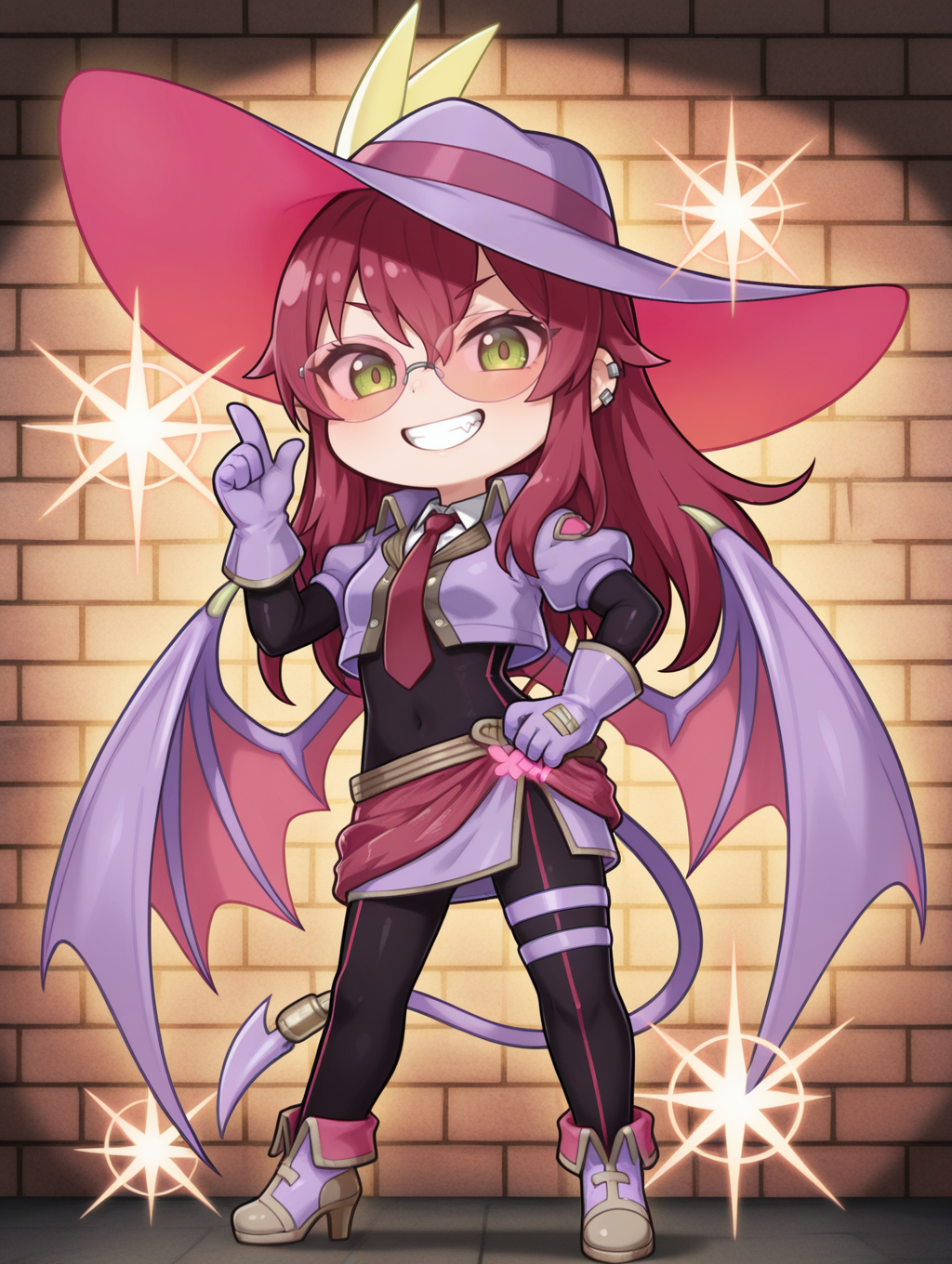 evil twin ki-sikil,1girl,solo,smile,chibi,purple demon wings,purple demon tail,full body,grin,looking at viewer,ear piercing,red necktie,purple skirt,purple large hat,purple gloves,purple cropped jacket,orange-tinted eyewear,black bodystocking,purple high heel boots,phantom thief,index finger raised,brick wall,searchlight,evil grin,
masterpiece,best quality,amazing quality,very aesthetic,absurdres,newest,<lora:Evil Twin illuXL v1:0.7>,