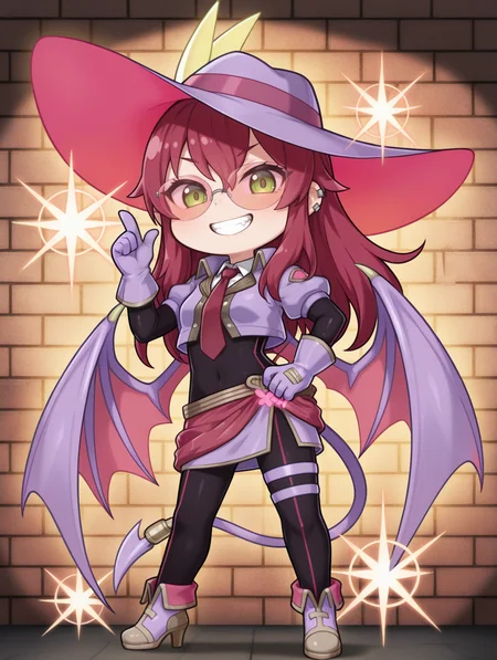 evil twin ki-sikil,1girl,solo,smile,chibi,purple demon wings,purple demon tail,full body,grin,looking at viewer,ear piercing,red necktie,purple skirt,purple large hat,purple gloves,purple cropped jacket,orange-tinted eyewear,black bodystocking,purple high heel boots,phantom thief,index finger raised,brick wall,searchlight,evil grin,
masterpiece,best quality,amazing quality,very aesthetic,absurdres,newest,<lora:Evil Twin illuXL v1:0.7>,