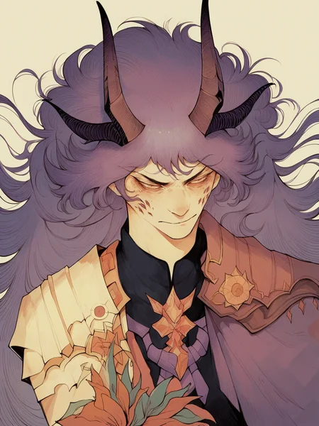 score_9, score_8_up, score_7_up, score_6_up, score_5_up, <lora:hagushkaXLP:1> hagushka, fine art parody, purple hair, very long hair, horns,