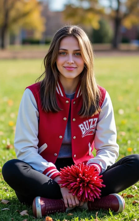 Wearing a classic varsity jacket with 'BUZZ' stitched on the back, 18-year-old woman sits cross-legged on a school football field with pom-poms in her lap, giving a sweet but mischievous smile to the camera; warm sunlight, shallow depth of field, looks like a yearbook photo with a wink of flirt