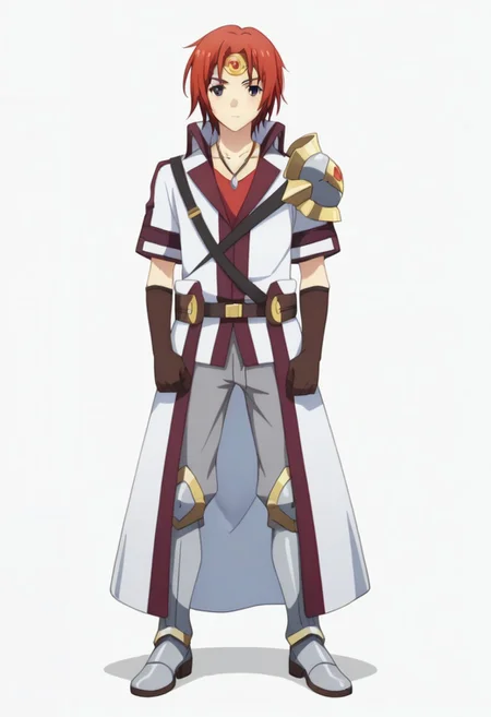 ((masterpiece)), ((best quality)), ((ultra-detailed)), ((absurdres)), score_9_up, score_8_up, score_7_up,
HD, top quality, best quality, amazing quality, High-quality illustrations, anime screencap, source_anime, best aesthetic, perfect proportions, perfect eyes, 1boy, 1male, solo boy, solo male, male focus, solo male focus, Anime, boy, male anime character, anime boy, handsome, attractive, cute, charming, sexy, hot, ((tall, tall height, tall body)), ((slim body, slender body, lean body)), Touya Kanzaki, red hair, gray eyes, forehead crown, white long coat, short sleeves, necklace, brown arm gloves, belt, gray pants, knee plates, metal boots, metal shoes, ((full body shot)), medieval dungeon with burning torches