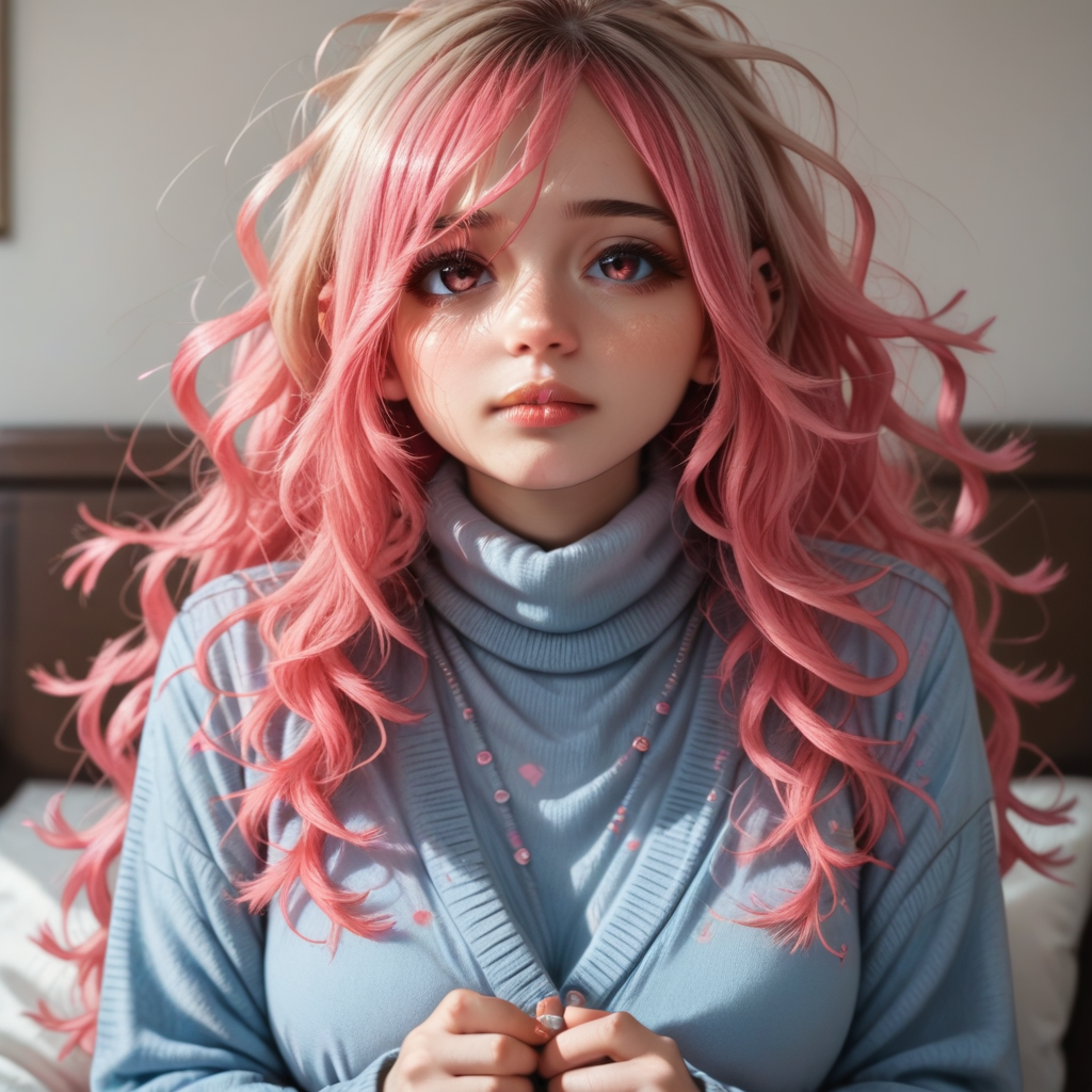 score_9_up, score_8_up, score_7_up, (masterpiece), (best quality), (ultra-detailed), (very aesthetic:1.2), intricate details, perfect composition, absurdres, romantic atmosphere, 
1girl, solo, <lora:KyoukoPONY:1>, kyouko,pink hair,multicolored hair,long hair,wavy hair,messy hair,bangs,pink eyes,
dress shirt,open cardigan,brown cardigan,pleated skirt,blue skirt,grey turtleneck,undershirt,
fantasy inn, bedroom, arm support, sitting,
<lora:43stl1ght1ngXLP2:0.5>, 43stl1ght1ng, <lora:Expressive_H-000001:0.8>, expressiveh, <lora:d3t41l3dXLP:0.5>, d3t41l3d, <lora:add-detail-xl:1>, zPDXLrl