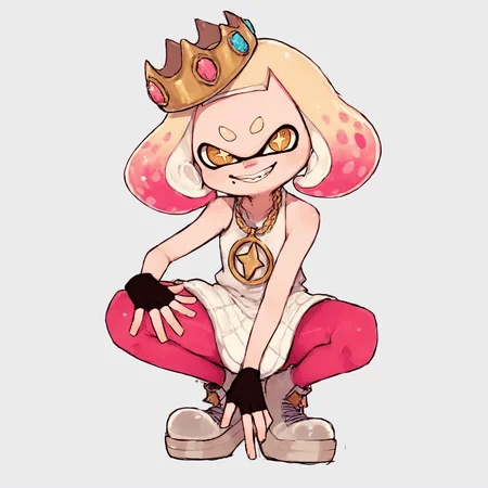 <lora:Pearl_Splatoon:1> + pupils, 1girl, crown, dress, fingerless gloves, gold eyes, mole, mole under mouth, multicolored hair, pink pantyhose, shoulder length cream tentacles with pink tips hair, smile, tentacle hair, white background, woman, zPDXL3, crouching, smiling, star chain,