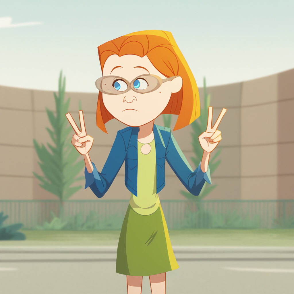score_8_up, BREAK, 1girl, solo, zoeyhowzer, red hair, short hair, blue eyes, glasses, green shirt, jacket, green skirt, cowboy shot, outdoors, <lora:ZoeyHowzer_PXL_Leaf1:1>, double v,