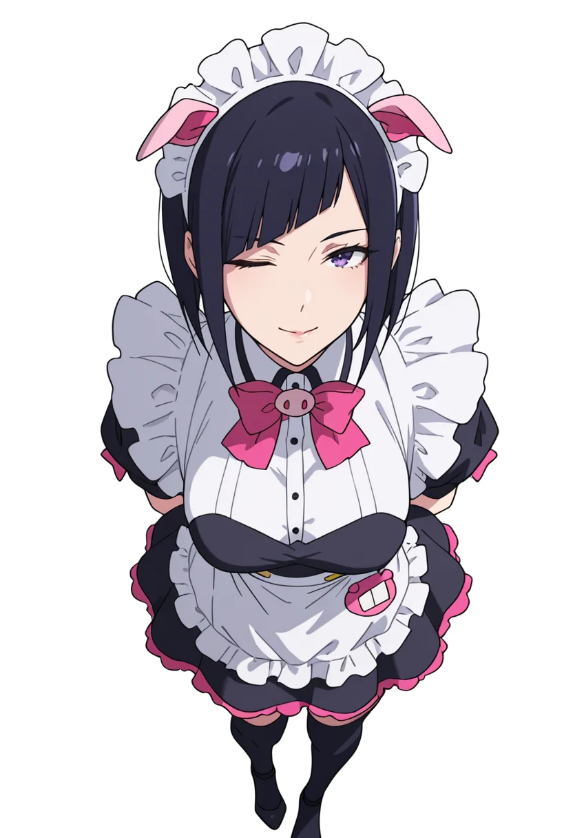Smooth Quality,masterpiece,very intricate, high quality details, ultra realistic, high detailed skin,detailed enviorement,absurdres,
<lora:Mannen_Ranko_CNR:0.8> mannen_cnr, 1girl,black hair, short hair, diagonal bangs, purple eyes,pig ears, fake animal ears,maid, maid headdress, maid apron, black dress, puffy short sleeves,black thighhighs, high heels, wrist cuffs,pink bowtie, frills,, simple background, white background, from above,solo,
standing, arms behind back, looking up, calm expression, relaxed posture, ,, ;),