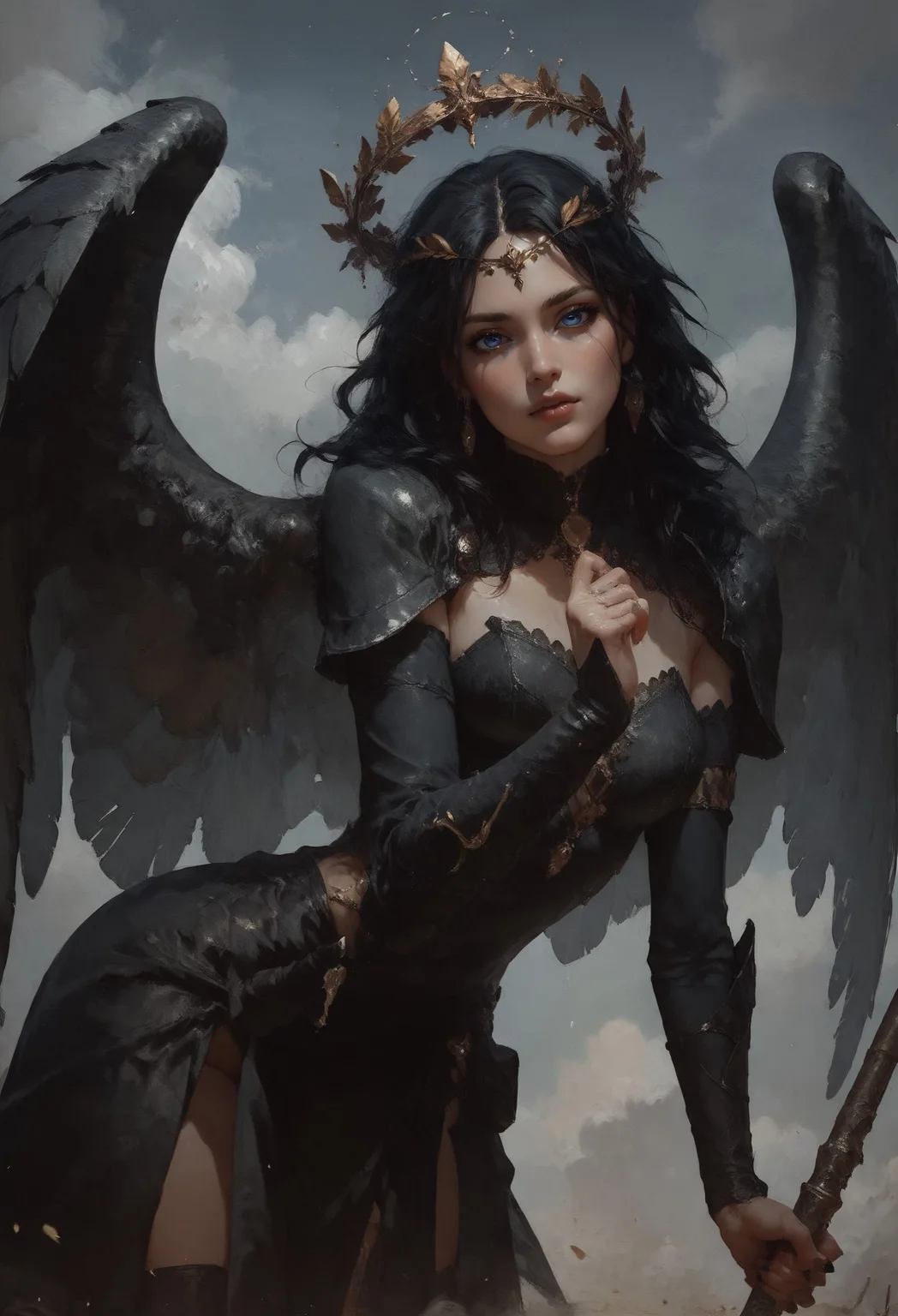 score_9, score_8_up, score_7_up, 1girl, valkyrie in gorgeous armor is holding a spear in hand, (side view, solo:1.1), standing, golden laurel wreath crown, goddess, pale skin, beautiful face, armored dress, wings, looking at viewer, cloudy sky, holy light, light from clouds, fantasy theme <lora:pony/twilight_style:0.8> <lora:pony/expressiveh:0.8> expressiveh <lora:pony/vixon_gothic_oil_style:0.6> d4rk01l <lora:sdxl/sinfully_stylish_sdxl>