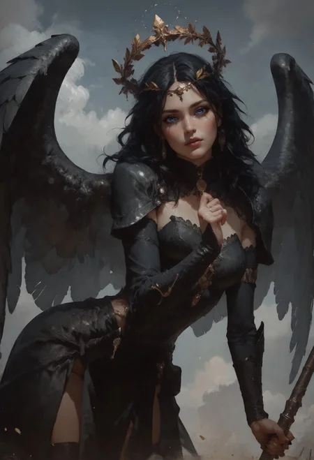 score_9, score_8_up, score_7_up, 1girl, valkyrie in gorgeous armor is holding a spear in hand, (side view, solo:1.1), standing, golden laurel wreath crown, goddess, pale skin, beautiful face, armored dress, wings, looking at viewer, cloudy sky, holy light, light from clouds, fantasy theme <lora:pony/twilight_style:0.8> <lora:pony/expressiveh:0.8> expressiveh <lora:pony/vixon_gothic_oil_style:0.6> d4rk01l <lora:sdxl/sinfully_stylish_sdxl>