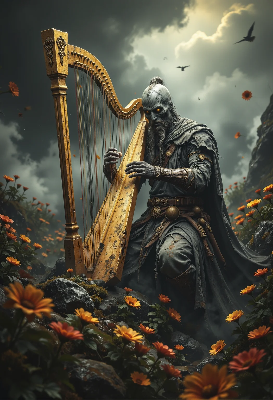 Battle bard playing a golden harp in the heat of battle, his music sending glowing waves across the field <lora:aidmaFLUXPro1.1-FLUX-v0.3.safetensors:0.5>, <lora:- Flux1 - vanta_black_V2.0.safetensors:0.55>, <lora:black_fantasy.safetensors:0.5>, <lora:- Flux1 De-Distilled - temp_haunting_cre_1.0.safetensors:0.5>,