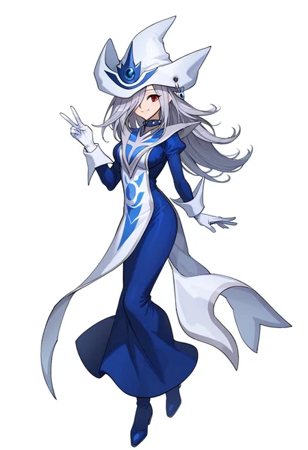 score_9, score_8_up, score_7_up, source_anime, good anatomy,1girl, solo, SilentMagicianOG, long hair, silver hair, swept bang, red eyes, medium breasts, SiMaClassic, white and blue tabard with silver trim, very long dress, blue dress, white gloves, puffy sleeves, white and blue hat, wizard hat, metal choker, hat over one eye, standing, smiling, full body, winking, v v, blue shoes, leg up, on one leg, fluttering dress, fluttering tabard
