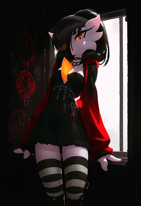 (((gardevoir))), female, black hair, ponytail, pale skin, (score_9, score_8_up, score_7_up), 1girl, 20 year old, long black hair, hime cut, perky breasts, cleavage, pretty face, looking at viewer, brown eyes, light freckles, oversized hoodie, black skirt, striped thigh-high socks, gothic boots, leaning on wall, detailed background, hidden area, volumetric lighting, vivid colours, g0thicPXL, glowing, neon, portrait shot, face focus,