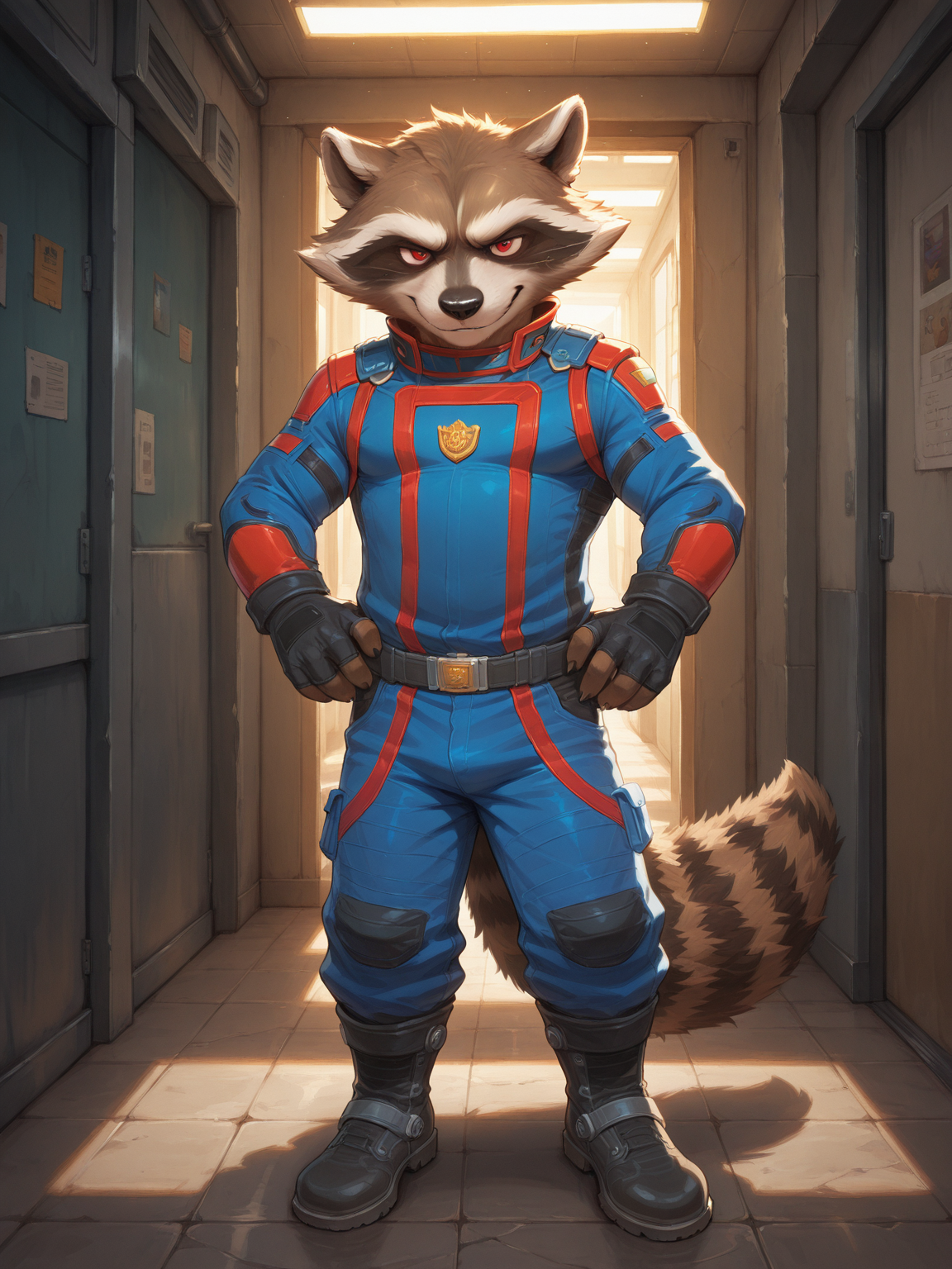 <lora:RocketRaccoon-GOTG-illustriousXL-000014:0.8>,rocket raccoon,furry,1boy,solo,bara,red eyes,combat uniform,gloves,belt,pants,boots,looking_at_viewer,full body,digital painting,artwork,anime style,masterpiece,best quality,amazing quality,