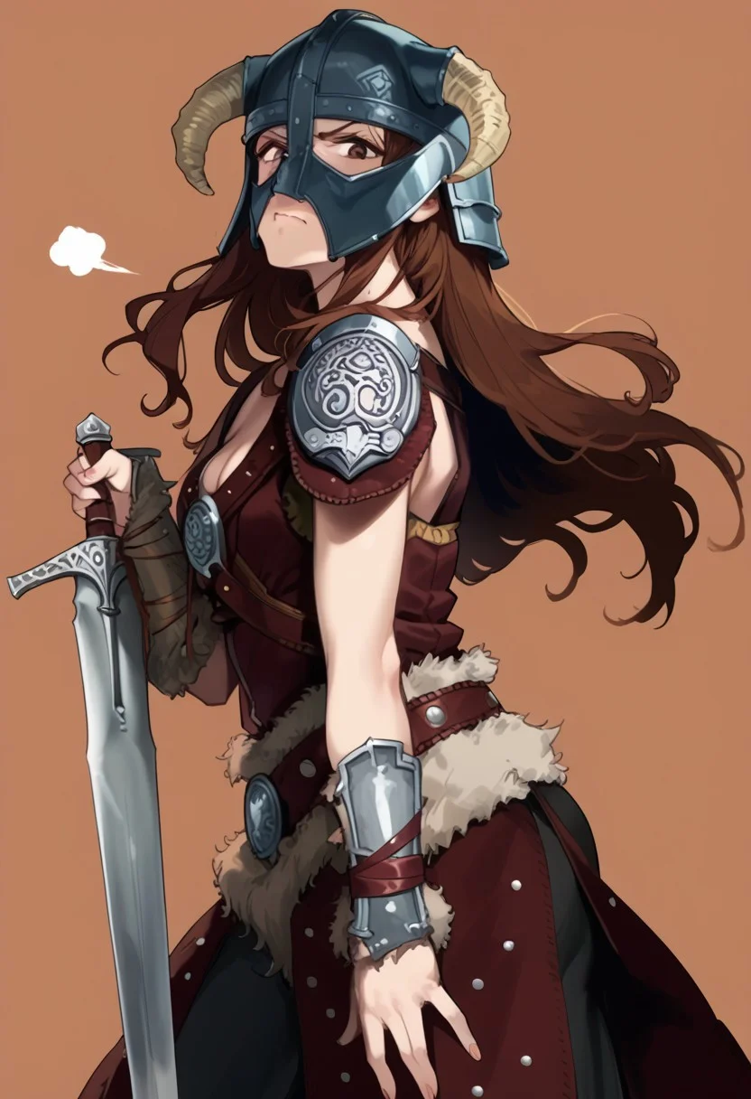 (score_9:0.9),score_8_up,score_7_up,rating_safe,anime style,(zPDXL),<lora:Dovahkiin Armor ponyXL v1.5:0.74>,dovahkiin armor,1girl,weapon,solo,sword,brown gauntlets,horned helmet,cleavage,long hair,brown hair,holding weapon,holding sword,looking at viewer,day,source anime, disgusted face, covering crotch, from behind