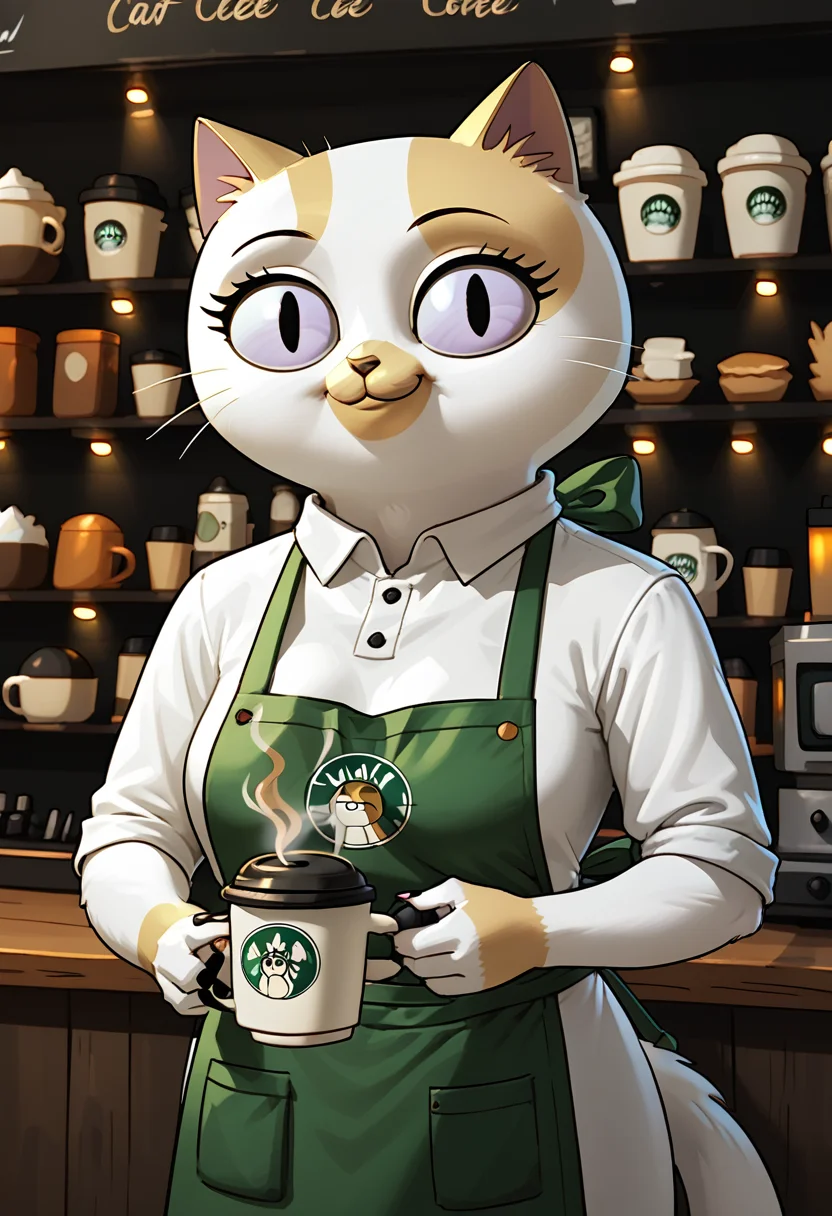 score_9, score_8_up, score_8, <lora:Jake_the_DogCake_the_Cat_Adventure_Time_for_PonyXL:0.8> 1girl, c4ke, cat girl, black eyes, solo, coffee shop, apron, uniform, smile