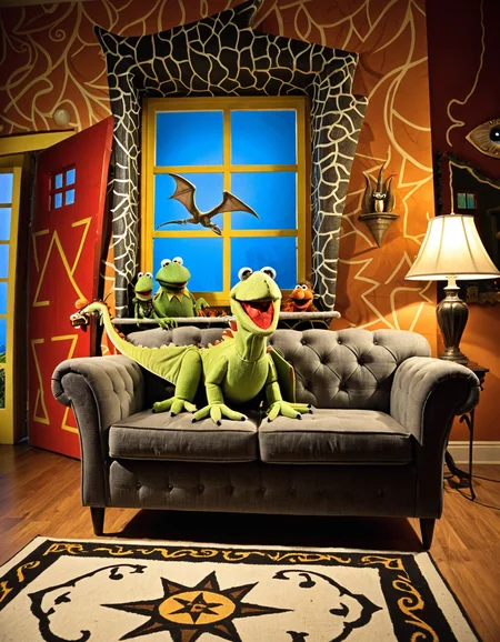 surrealist art  . dreamlike, mysterious, provocative, symbolic, intricate, detailed,
 <lora:peewee-SDXL-v1:1> 
masterpiece, best quality, amazing quality, p33w33, indoors, dinosaur puppet, muppets, no humans, couch, chair, lamp, window, door, pterosaur, surreal