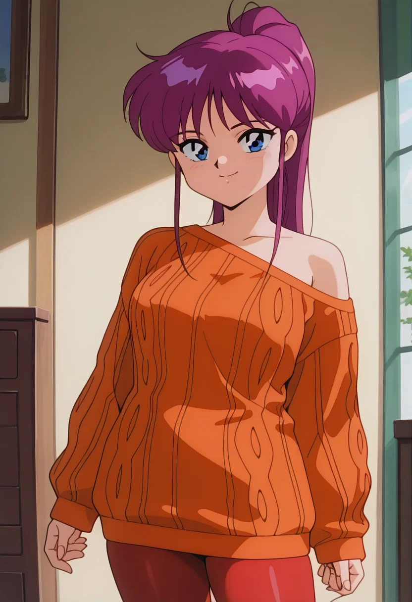 masterpiece, best quality, amazing quality, absurdres, retro artstyle, 1girl, solo, cowboy shot, takamiww, blue eyes, purple hair, long hair, ponytail, sidelocks, medium breasts, orange sweater dress, off shoulder, long sleeves, red pantyhose, looking at viewer, smile, indoors, day, skindentation, detailed clothing folds, depth of field, sharp, high contrast, dynamic light <lora:Oide_Takami_Nageki_no_Kenkou_Yuuryouji_ill_v11:0.9>