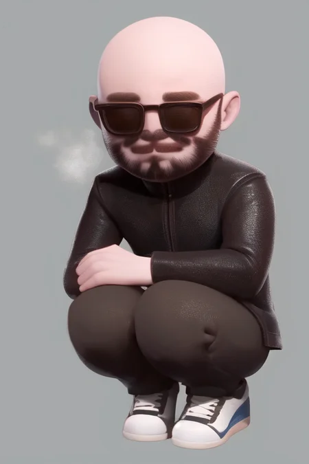 1boy, facial hair, bald, slav squatting, sunglasses, leather jacket, vodka, gopnik, adidas, simple background, raised eyebrow, <lora:savannahXYZ2-e9:1.0>