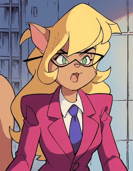 score_9, score_8_up, score_7_up, score_6_up, score_5_up, score_4_up, (Source furry), (rating safe), <lora:CallieBriggsXL:1>, 1girl, solo, open mouth, shirt, long sleeves, jacket, white shirt, necktie, collared shirt, indoors, formal, suit, semi-rimless eyewear, red jacket, blue necktie, pink jacket, callie briggs, blonde hair, furry female, animal ears, animal nose, cat girl, tail, body fur, green eyes, glasses, long hair