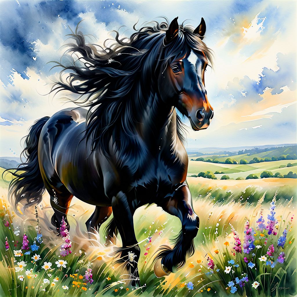 OIL ART, WATERCOLOR PAINTING IN SOFT COLOR TONES, LONG WIND SWEPT GRASS, WILD FLOWERS, GUSTY WIND. AN ULTRA REALISTIC  BEAUTIFUL BLACK GYPSY COB HORSE WITH CHARMING EYES  LONG FLOWING MANE FACING THE VIEWER, PERFECT LIGHT FROM BACK, SIMPLE BACKGROUND. SOFT COLOR TONES, OIL PAINTING ON CANVAS WIDE ASPECT RATIO , SHARP FOCUS, ElementWind