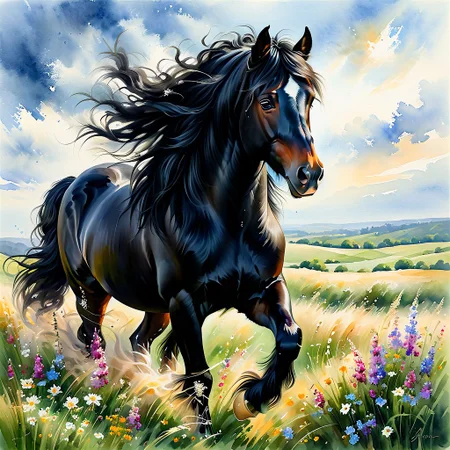 OIL ART, WATERCOLOR PAINTING IN SOFT COLOR TONES, LONG WIND SWEPT GRASS, WILD FLOWERS, GUSTY WIND. AN ULTRA REALISTIC BEAUTIFUL BLACK GYPSY COB HORSE WITH CHARMING EYES LONG FLOWING MANE FACING THE VIEWER, PERFECT LIGHT FROM BACK, SIMPLE BACKGROUND. SOFT COLOR TONES, OIL PAINTING ON CANVAS WIDE ASPECT RATIO , SHARP FOCUS, ElementWind