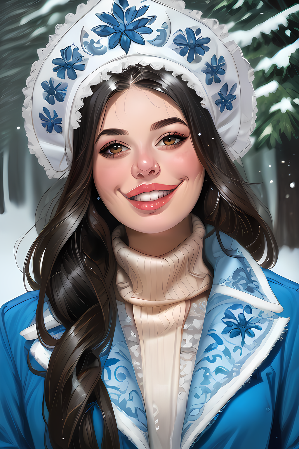 score_9,score_8_up,epiCPhoto,
light smile,upper body,
<lora:snegurochka-05:0.8>,snegurochka,1girl,kokoshnik_headdress,long blue coat,turtleneck dress,white fur trim,spruce forest,snow,rich embroidery on clothes,<lora:Lilandava_PDXL:0.25>,lilandavastyle,<lora:g0th1cPXL:0.25>,g0th1cpxl,<lora:officialpit_v2-8:0.5>,<lora:Alina_Becker_v6:1>,alina_becker,pale skin,makeup,brown eyes,1girl,black hair,long hair,