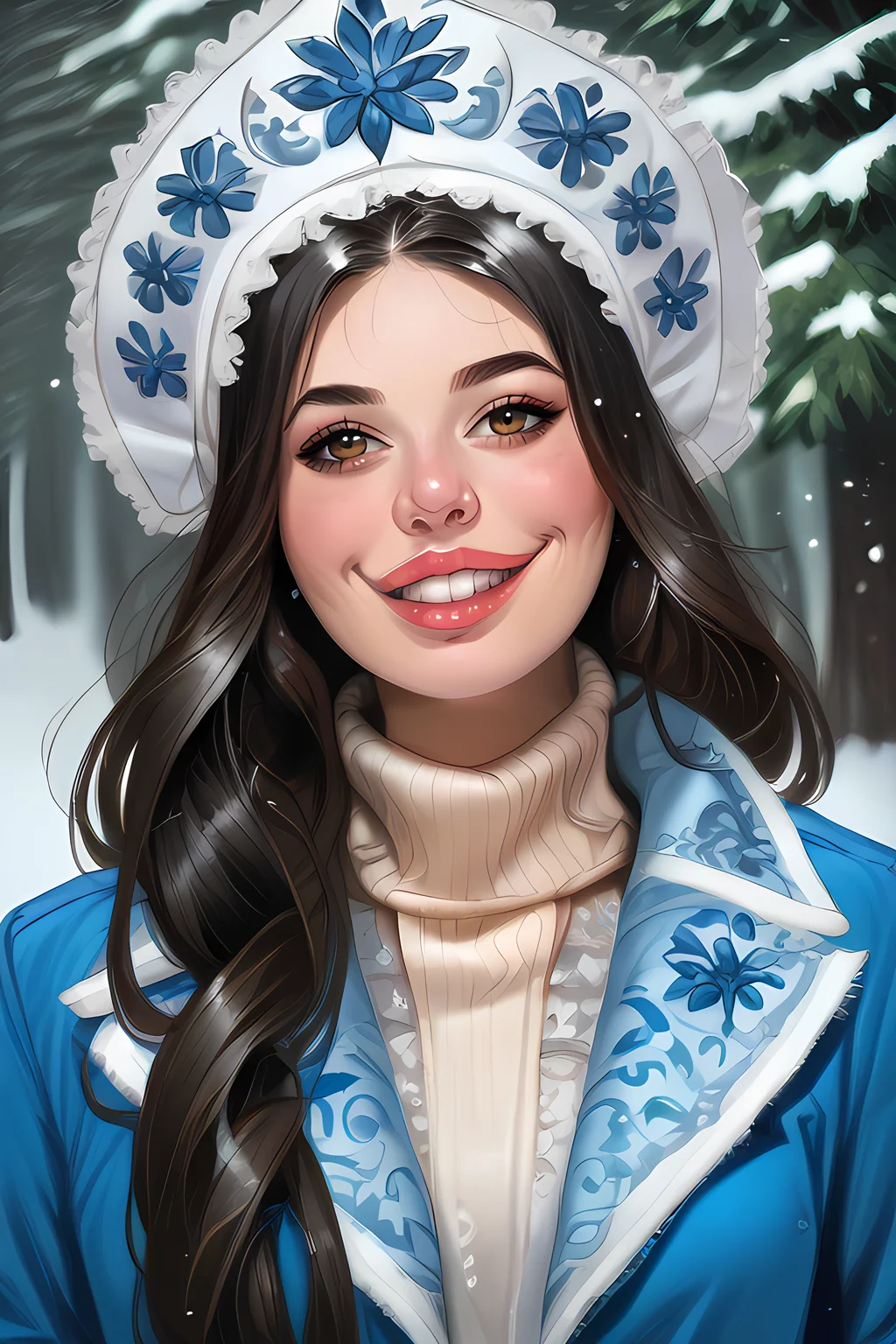 score_9,score_8_up,epiCPhoto,
light smile,upper body,
<lora:snegurochka-05:0.8>,snegurochka,1girl,kokoshnik_headdress,long blue coat,turtleneck dress,white fur trim,spruce forest,snow,rich embroidery on clothes,<lora:Lilandava_PDXL:0.25>,lilandavastyle,<lora:g0th1cPXL:0.25>,g0th1cpxl,<lora:officialpit_v2-8:0.5>,<lora:Alina_Becker_v6:1>,alina_becker,pale skin,makeup,brown eyes,1girl,black hair,long hair,