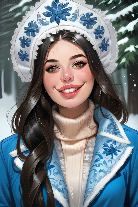 score_9,score_8_up,epiCPhoto,
light smile,upper body,
<lora:snegurochka-05:0.8>,snegurochka,1girl,kokoshnik_headdress,long blue coat,turtleneck dress,white fur trim,spruce forest,snow,rich embroidery on clothes,<lora:Lilandava_PDXL:0.25>,lilandavastyle,<lora:g0th1cPXL:0.25>,g0th1cpxl,<lora:officialpit_v2-8:0.5>,<lora:Alina_Becker_v6:1>,alina_becker,pale skin,makeup,brown eyes,1girl,black hair,long hair,