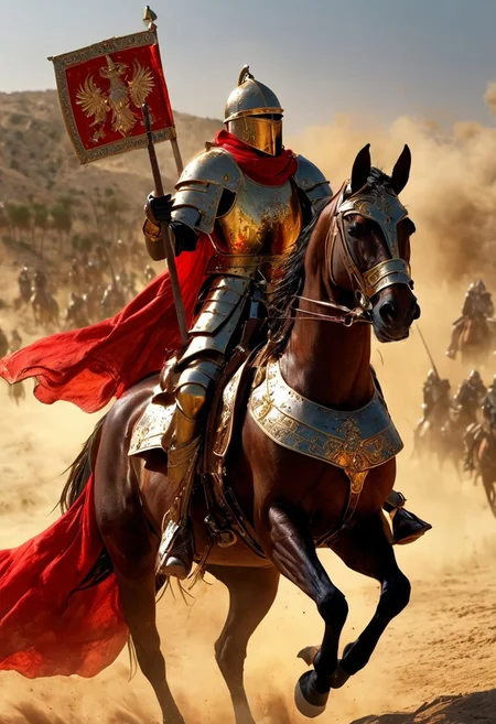 A mighty Byzantine Cataphract warrior, fully armored and mounted on a powerful horse, charges across a battlefield. The warrior wears heavy, ornate armor made of metal and scale, adorned with golden accents and Byzantine symbols. His helmet has a crest, a protective faceplate, and long cheek guards. His horse is also armored, covered in chainmail and plate, with a red and gold barding. The Cataphract holds a long lance in one hand, aimed forward, and a round shield in the other, featuring a Byzantine cross. The warrior’s face is hidden behind his helmet, but his posture conveys determination and strength. The background features a war-torn battlefield, with distant Byzantine soldiers fighting and a large, fortified city in the background. The color palette includes rich reds, golds, and dark metallics, evoking the power and majesty of the Byzantine Empire’s elite cavalry.
, moody light, by H.R Giger, 4k resolution digital art trending on Artstation and unreal engine 5, hyperrealism, full body shot, glowing eyes, cinematic, epic, masterpiece, surreal, fantasycore, hyperdetailed, ultra realistic, octane render, volumetric lighting, depth of field, bokeh, 8 <lora:Details:0.85>