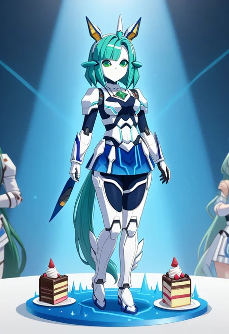 1girl, green eyes, robot, android, mechanical ears,  animal ears, green hair, blue hair, no mouth, humanoid robot, tail, bangs, robot joints, horse ears  horse tail, 
, mechamusume,cake art, lighting from behind pyramid,,  1girl, green eyes, robot, android, mechanical ears, animal ears, green hair, blue hair, no mouth, humanoid robot, tail, bangs, robot joints, horse ears
made of cake background objects, ,