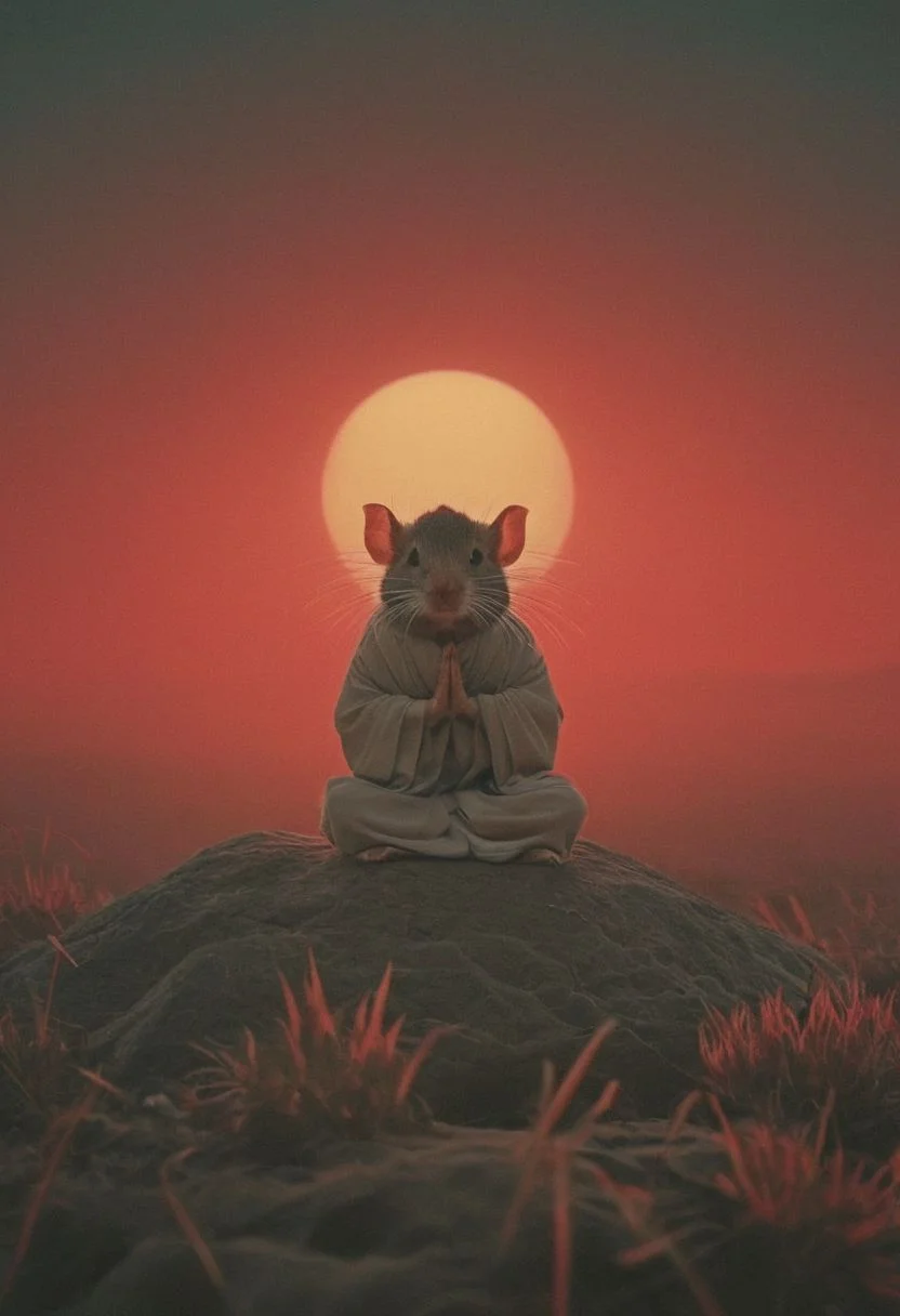 Capturing serenity amidst boundless solitude: a powerful image of a fluffy ninja rat draped in flowing feudal garb, large sedge-hat, meditating in lotus position upon an endless, sunless expanse. As she hovers, an aura emanates from her, growing in intensity as it extends beyond her Till it explodes in the far, reminiscent of expanding ripples of sound. The neon hues of her aura paint the air, a vivid testament to her inner strength and focus.
creating a surreal normal scene with translucent DARK Red and beige details, colorful (polaroid:0.7) with vibrant colors, (vacations, high resolution:1.3), (small, selective focus, european film:1.2), closeup