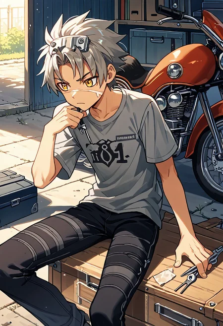 score_9, score_8_up, score_7_up, source_6_up, source_5_up, score_4_up, source_anime, 1boy, solo, <lora:WesPKMN-pdxl:1> w3s, spiky hair, gray hair, yellow eyes, mark on face, black pants, gray t-shirt, oil stain on the ground, motorcycle, adjustable wrenches in hand, screwdriver on the ground, toolbox on the ground, garage, repairing the motorcycle, masterpiece, best quality, very aesthetic, depth of field, sitting on the ground