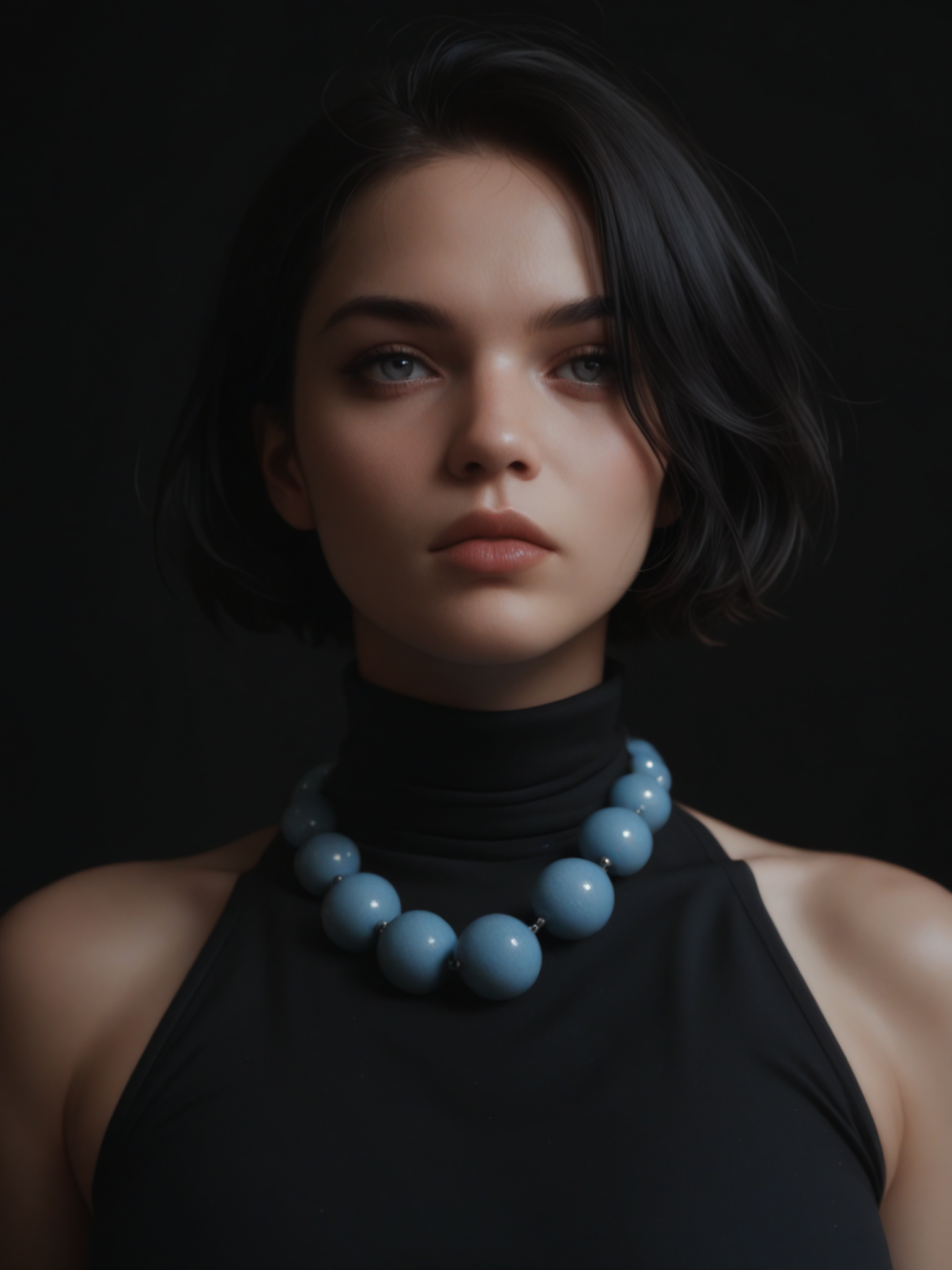 score_9, score_8_up, score_7_up, score_6_up, 1girl, black hair, short hair, grey eyes, black lips, blue ball necklace, black background, large breasts, (black turtleneck), <lora:ball_necklace_pony_v1.0:0.75>