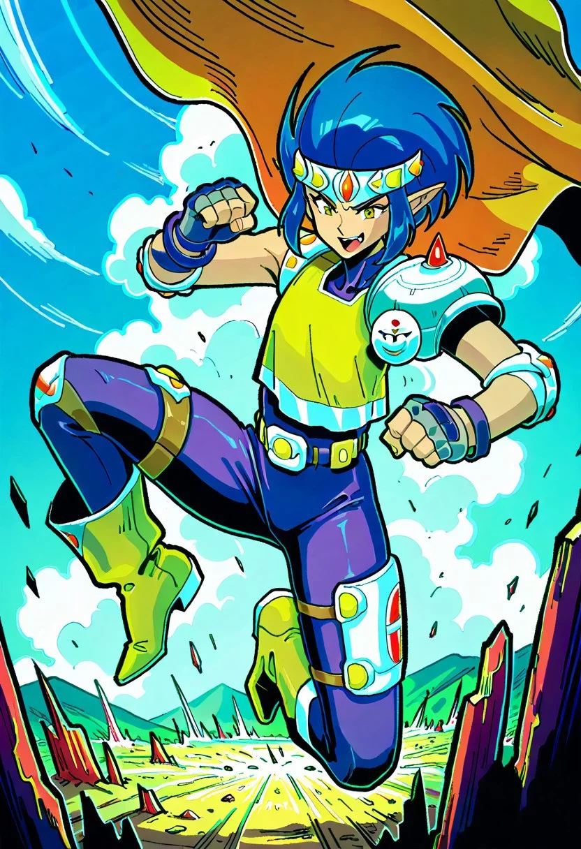 masterpiece, best quality, amazing quality, very aesthetic, absurdres, newest, curtisffl3, 1boy, blue hair, jeweled headband, orange cape, single pauldron, loose yellow shirt, elbow pads, gray fingerless gloves, purple bracelets, sleeveless purple bodysuit, thigh straps, yellow boots, pointy ears, ((action pose))