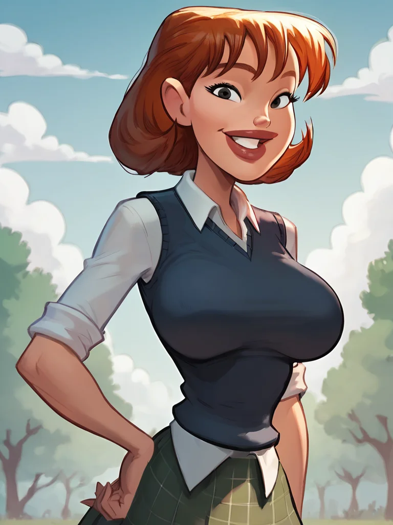 sharona, 1girl, solo, breasts, large breasts, skirt, school uniform, lips, sweater vest,looking at viewer, smile,, outdoors, <lora:SharonaPony1.0:1>, score_9, score_8_up, score_7_up, score_6_up <lora:Smooth Anime Style LoRA XL:1>