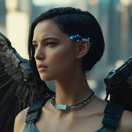 cinematic film still of <lora:Cyberpunk Style:1>
a woman with a large winged body and a chain around her neck,bionic,transhuman,Dystopia,Dystopian,kakotopia,Science fiction,high tech,low life,societal collapse,Artificial,Posthuman,future,futuristic,Artificial intelligence,Cyborg,genetically-enhanced humans,sci-fi,Cyberpunk Style,1girl,solo,black hair,wings,from side,lips,science fiction,realistic,nose,android,bandaid on face,cyborg,mechanical wings,cyberpunk,mechanical parts , Cyberpunk Style, shallow depth of field, vignette, highly detailed, high budget, bokeh, cinemascope, moody, epic, gorgeous, film grain, grainy