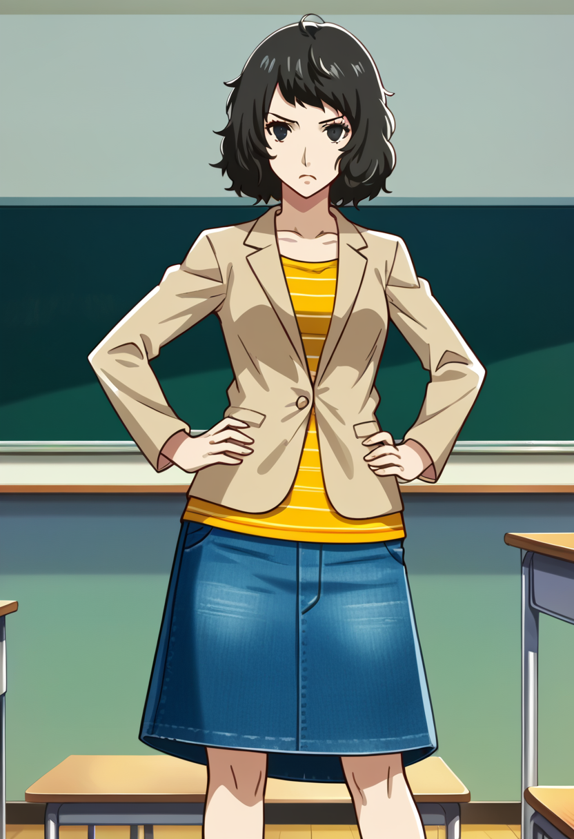 1 girl, solo, cute face,
p5kawakami, short hair, black hair,
p5kawakami-reg, striped shirt, long sleeves, knee length skirt, long skirt, denim skirt, jacket, beige jacket, hands on hips,
classroom, standing, looking at viewer, frown,
masterpiece, best quality, ultra detailed,