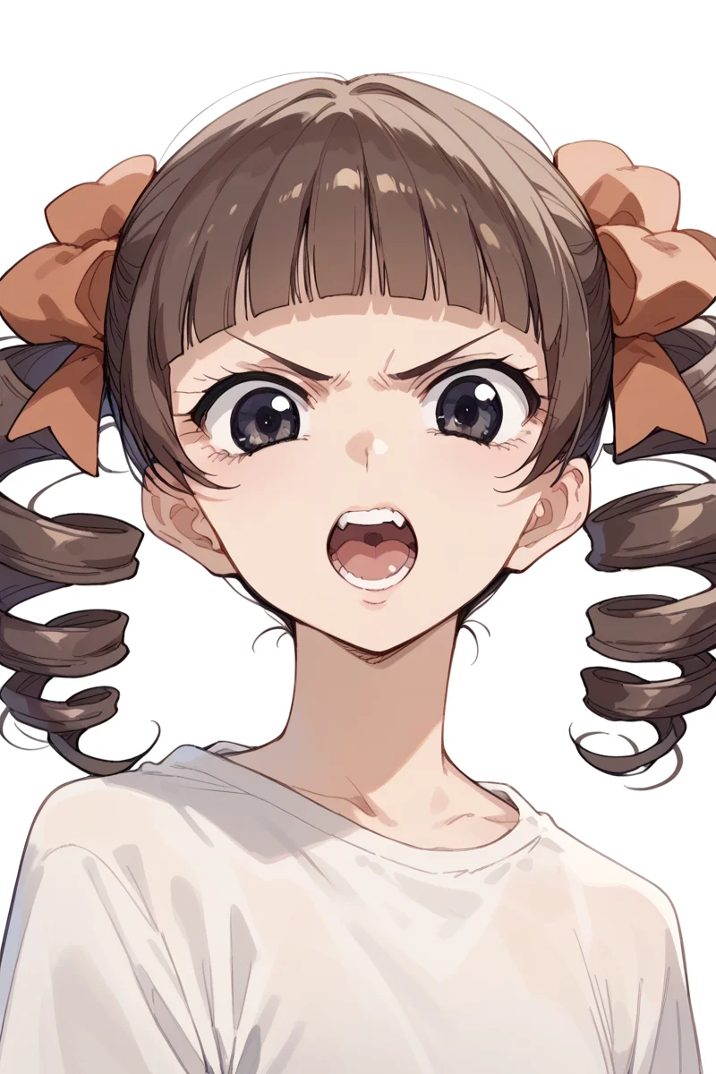 score_9, score_8_up, score_7_up, score_6_up,
<lora:Touko_Matsudaira:1> touko, 1girl, solo, open mouth, drill hair, brown hair, bangs, looking at viewer, black eyes, twin drills, blunt bangs, teeth, v-shaped eyebrows, parody