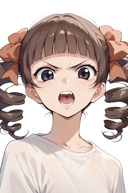 score_9, score_8_up, score_7_up, score_6_up,
<lora:Touko_Matsudaira:1> touko, 1girl, solo, open mouth, drill hair, brown hair, bangs, looking at viewer, black eyes, twin drills, blunt bangs, teeth, v-shaped eyebrows, parody