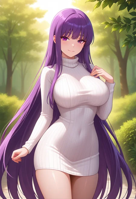 masterpiece, best quality, amazing quality, 1girl, solo, cowboy shot, fujikoww, purple eyes, purple hair, long hair, very long hair, mole under eye, large breasts, impossible sweater, taut sweater, ribbed sweater, weater dress, turtleneck, looking at viewer, smile, outdoors, day, skindentation, detailed clothing folds, depth of field, sharp, high contrast, dynamic light <lora:Etou_Fujiko_Ichiban_Ushiro_no_Daimaou_ill_v11:0.9>