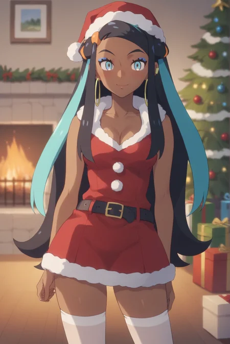 score_9, score_8_up, score_7_up, score_6_up, score_5_up, score_4_up, BREAK source_anime, 1girl, solo,
<lora:PokemonNessaXL-v1-06:0.7>, ChopioNessa, black hair, aqua hair, multicolored hair, two-tone hair, long hair, single hair bun, white hair ornament, sidelocks, orange hair beads, blue eyes, eyelashes, makeup, blue eyeshadow, hoop earrings, earclip,
dark-skinned female, mature female, [small breasts : medium breasts: 10],
indoor, living room, standing, Christmas tree, fireplace, warm glow, cleavage,
blush, looking at viewer, seductive smile, santa outfit, santa hat, belt, short skirt, white thighhighs, thighhighs, red skirt, fur trim, cleavage,