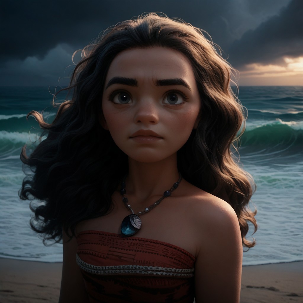 score_9, score_8_up, score_7_up, score_6_up, score_5_up, score_4_up, MoanaM, standing on the beach, stormy weather, dark sky, waves, portrait, necklace, long wavy hair