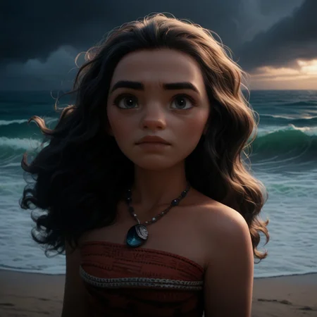 score_9, score_8_up, score_7_up, score_6_up, score_5_up, score_4_up, MoanaM, standing on the beach, stormy weather, dark sky, waves, portrait, necklace, long wavy hair