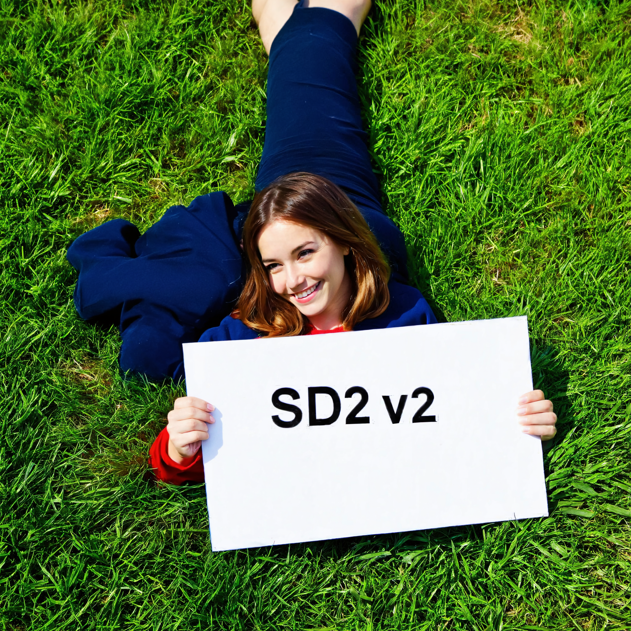 A woman lying on the grass holding a sign saying "SD2 v2"