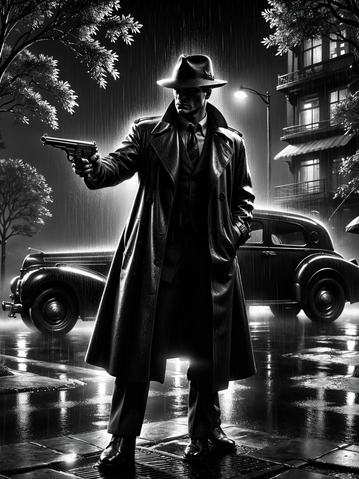 2man, trenchcoat, machine pistol, tommygun, in front of park car, 1940, noir, night, rain <lora:Sin_City_Movie_Style_SDXL:0.8> (mad-sincity:1.2), (masterpiece:1.2), best quality, (hyperdetailed, highest detailed:1.2), high resolution textures