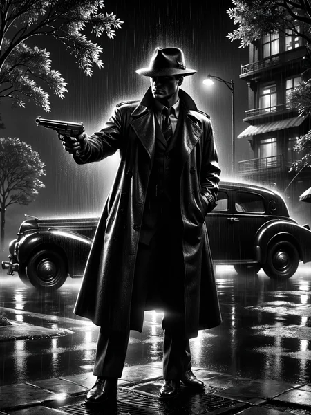 2man, trenchcoat, machine pistol, tommygun, in front of park car, 1940, noir, night, rain <lora:Sin_City_Movie_Style_SDXL:0.8> (mad-sincity:1.2), (masterpiece:1.2), best quality, (hyperdetailed, highest detailed:1.2), high resolution textures