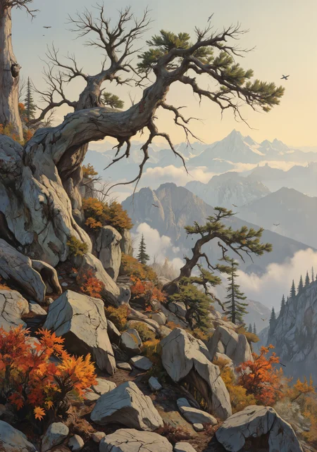 Ancient bristlecone pines, gnarled and twisted, stand sentinel on a rocky mountainside, their weathered bark illuminated by the soft glow of dawn. Wisps of morning mist curl around their contorted branches, creating an ethereal atmosphere. The forest floor is carpeted with vibrant orange and red autumn leaves, punctuated by clusters of hardy alpine flowers. Golden sunlight filters through the sparse canopy, casting long shadows and highlighting the texture of the craggy terrain. In the distance, snow-capped peaks loom, their silhouettes barely visible through the thinning fog. A lone eagle soars above, its wingspan impressive against the pastel sky. Intricate details of lichen and moss cling to the ancient wood, telling stories of centuries past. 8k resolution, masterpiece, hyper-realistic, breathtaking composition. <lora:Hand v2:0.9> <lora:aidmaGothGirl-FLUX-V0.1:0.3> <lora:Comic book opus 3:1.0> <lora:Semi-realisticPortraitPainting:1.0> <lora:flux_dev:1>
