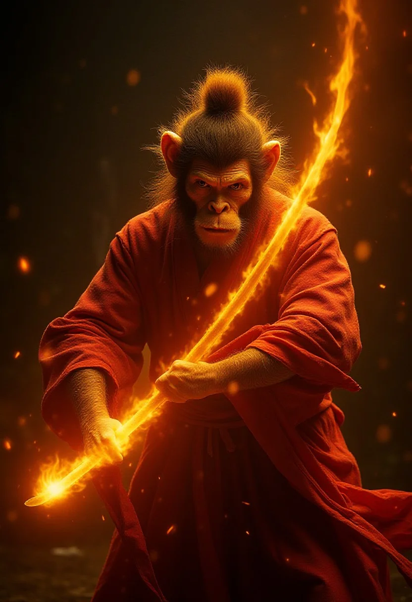 Sun Wukong as Monkey King holding a Glowing Golden Stick Weapon, with glowing effects and sparks flying around him, against a dark background, in the style of a movie poster and Chinese mythology. High-contrast color, cinematic quality, high resolution, super-detailed, super-sharp focus, depth of field, and dramatic lighting and shadows.