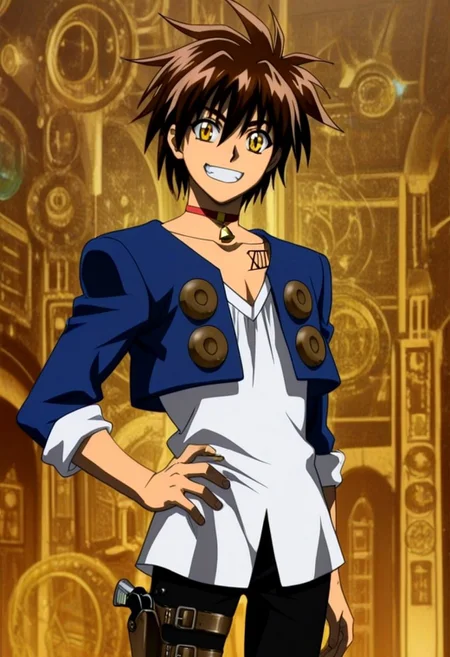 Anime, anime screencap, anime coloring, 1male only, male focus, solo male, one male only, single illustration only, handsome, cute, Train Heartnet, brown hair, gold eyes, red bell collar, XIII collarbone tattoo, blue cropped jacket, four gold circles, white untucked undershirt, v-neck outfit, rolled sleeves, black pants, leg gun holster, cowboy shot, head to hips shot, smile showing teeth, happy, old European town